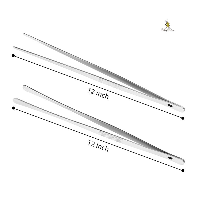 ChefBee Kitchen Cooking Tongs Tweezers - 2PCS 12" Stainless Steel Kitchen Utensils, Metal Fine Tweezers Tongs with Precision Serrated Tips for Chef, Serving Food, Grill, Culinary, Pasta, Salad, BBQ - Image 2