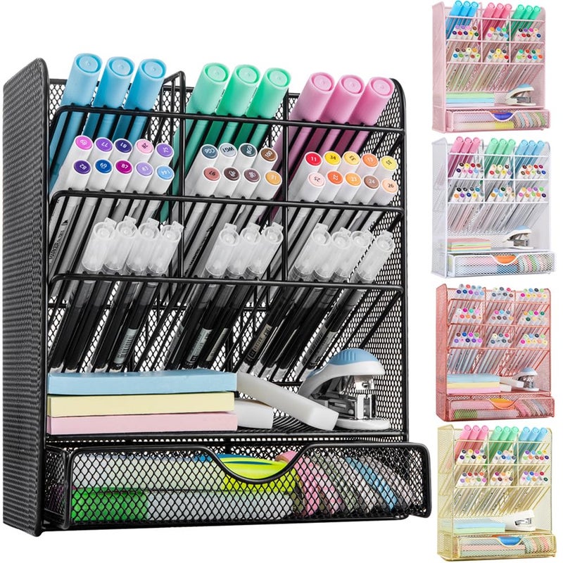 Spacrea Metal Pen Organizer Pencil Holder for Desk Desk Organizer with Drawer for School Home Art Supplies Black