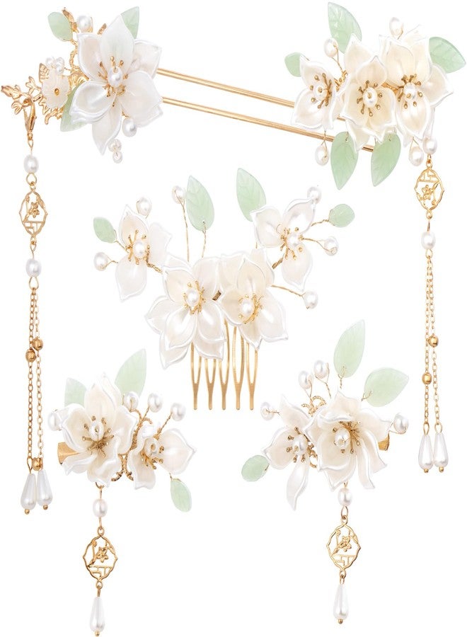 Mxxipp 5pcs Camellia Flower Tassels Hairpin, Vintage Chinese Hair Pins, Pearl Bun Updo Hair Accessories for Thin Thick Long Short Hair- White - Image 1