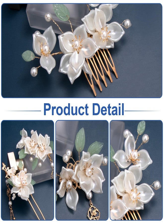 Mxxipp 5pcs Camellia Flower Tassels Hairpin, Vintage Chinese Hair Pins, Pearl Bun Updo Hair Accessories for Thin Thick Long Short Hair- White - Image 3