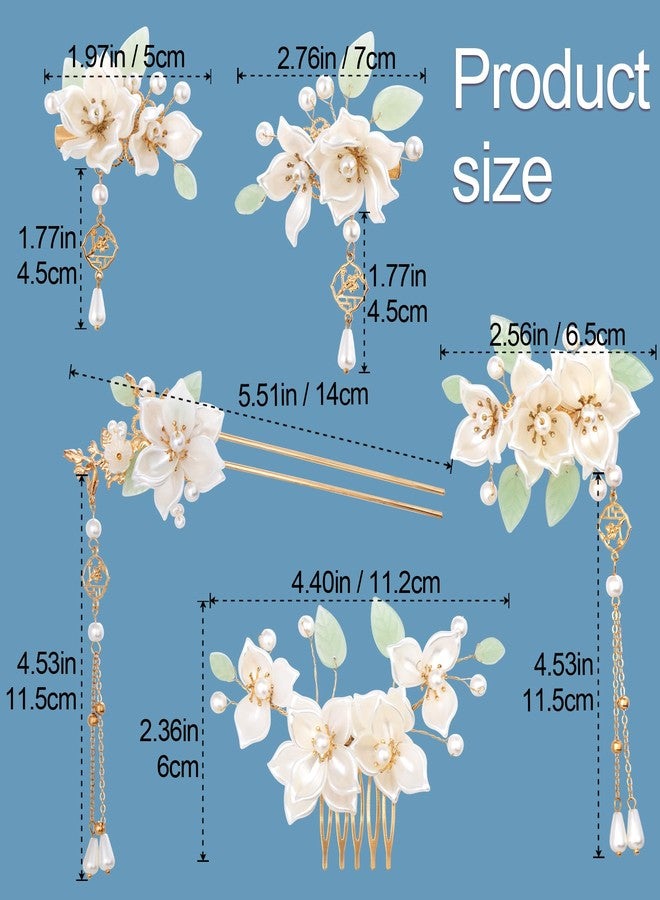 Mxxipp 5pcs Camellia Flower Tassels Hairpin, Vintage Chinese Hair Pins, Pearl Bun Updo Hair Accessories for Thin Thick Long Short Hair- White - Image 2