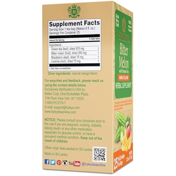 Hyleys Bitter Melon with Green Tea - Mango Flavor - 25 Tea Bags - Supports Healthy Liver Function - Herbal Supplement - (6 Pack - 150 Tea Bags Total) - Image 2