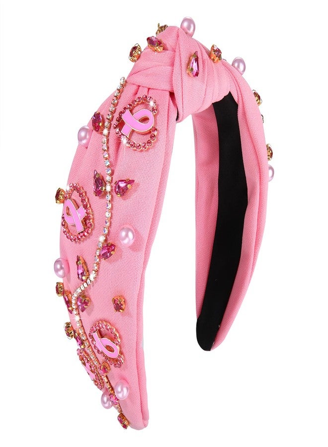 boderier Breast Cancer Awareness Headbands for Women Jeweled Crystal Knotted Headband Love Heart Pink Ribbon Headband Breast Cancer Survivor Hair Accessory Gift (Pink Heart Ribbon) - Image 1