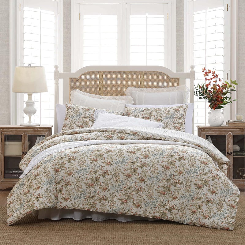 Laura Ashley  King Comforter Set Reversible Cotton Bedding with Matching Shams Floral Home Decor with Plaid Reverse Bramble Floral Beige King