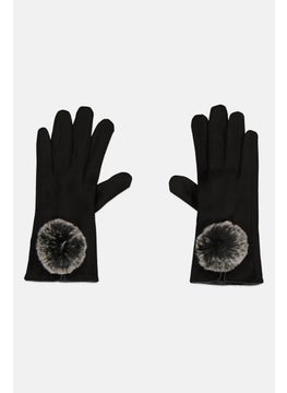 ELLE Women Pom Pom Gloves, Black  - Image 1