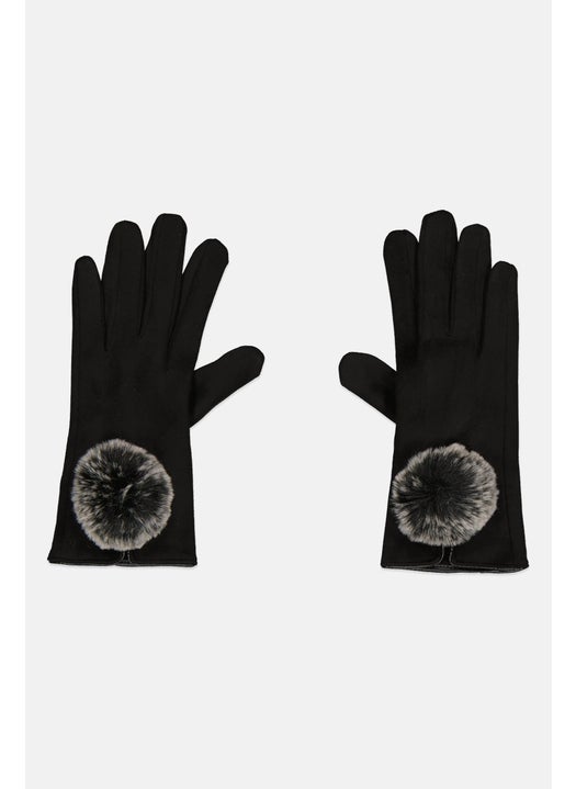 Women Pom Pom Gloves, Black