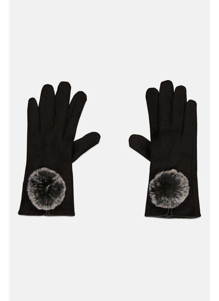 Women Pom Pom Gloves, Black