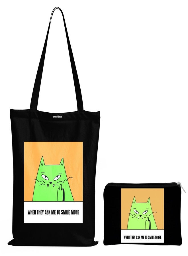 TrendoPrint Eco-Friendly Printed Black Tote Bag 14 x 16 inch with Makeup Pouch for College, Shopping and Travelling (TB143) - Image 1