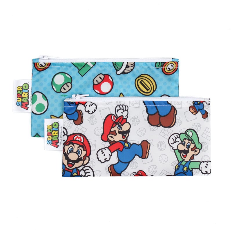 Bumkins Nintendo Reusable Snack Bags for Kids School Lunch and for Adults Portion Washable Fabric Waterproof Cloth Zip Bag Supplies Travel Pouch FoodSafe 2pk Super Mario