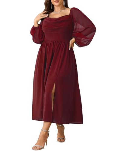 SHESTARR Women's Plus Size Dress Chiffon Long Sleeve Cowl Neck Wedding Guest Cocktail Party Maxi Dress Red - Image 1