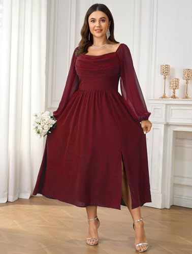 SHESTARR Women's Plus Size Dress Chiffon Long Sleeve Cowl Neck Wedding Guest Cocktail Party Maxi Dress Red - Image 4