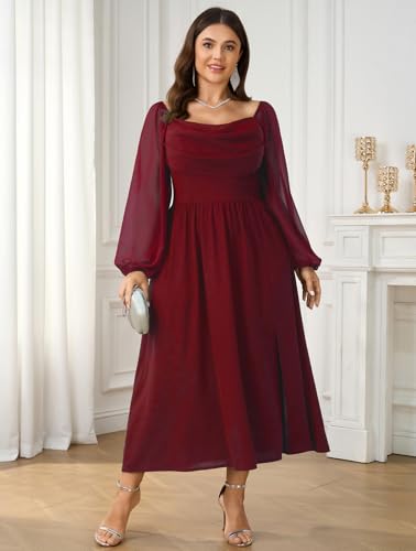SHESTARR Women's Plus Size Dress Chiffon Long Sleeve Cowl Neck Wedding Guest Cocktail Party Maxi Dress Red - Image 5