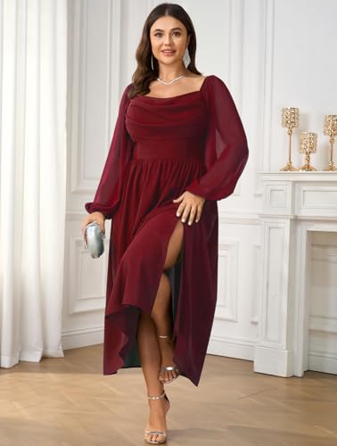 SHESTARR Women's Plus Size Dress Chiffon Long Sleeve Cowl Neck Wedding Guest Cocktail Party Maxi Dress Red - Image 3
