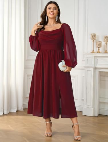SHESTARR Women's Plus Size Dress Chiffon Long Sleeve Cowl Neck Wedding Guest Cocktail Party Maxi Dress Red - Image 2