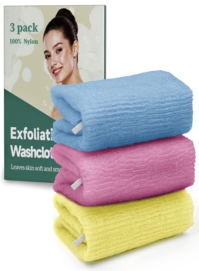 Bathway Exfoliating Washcloth, 36.8-Inch Bath Towel Body Scrubber with Hanging Strap, Back Scrubber Towel Japanese Washcloth Loofah - Deep Clean & Rich Lather (Blue & Rose Red & Yellow, Pack of 3) - Image 1