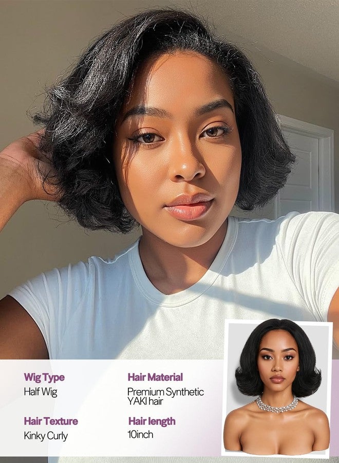 Quantum Love Half Wigs for Black Women Yaki Curly Headband Half Wig with Curly Ends Wear and Go Natural Black Synthetic Glueless Hair 10Inch - Image 4