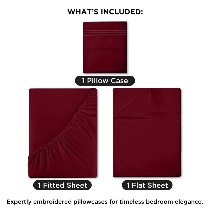 ROYALE LINENS 3 Piece Twin XL Sheets Set - Soft Brushed 1800 Microfiber Bedding - 1 Fitted, 1 Flat Sheet, 1 Pillow case - Wrinkle Free & Fade Resistant - Hotel Luxury Bed Sheets (Burgundy, Twin XL) - Image 2