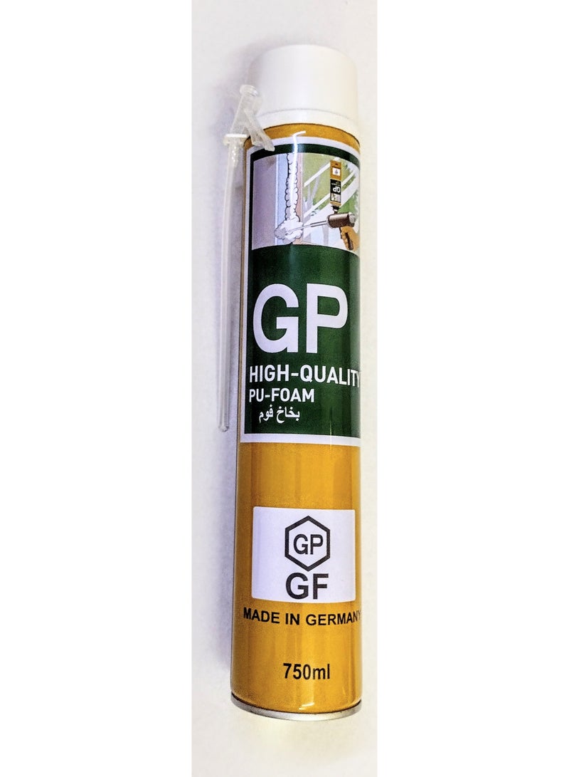 GP 750ml Dispenser PU foam ,GP, which contains foam 550ml for filling gaps and cracks, repairing and finishing plumbing, electrical, drainage and floor extensions, safe packaging during shipping and creating light artistic models. Shake the bottle for a minute before use. - Image 1