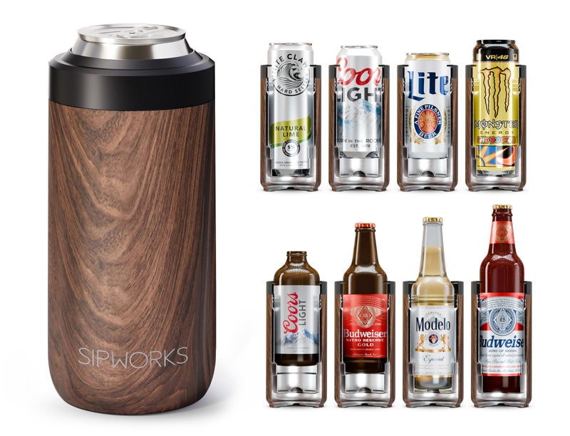 Sipworks Universal Can Cooler - Fits All - Insulated Slim Can Cooler for 12 oz Regular or Slim Cans & Bottles - Double-Walled Stainless Steel Skinny Can Can Cooler, Mahogany - Image 1