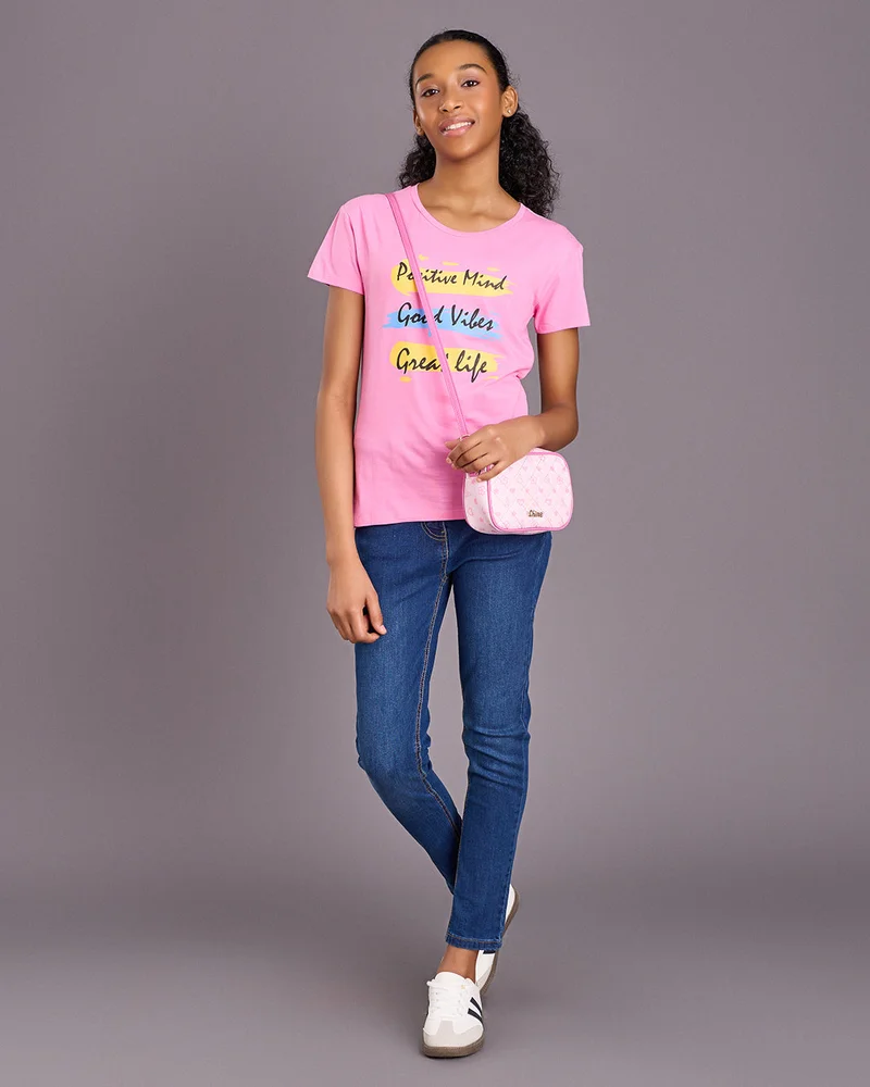 Redtag Senior Girls Pink Graphic Short Sleeve T Shirt