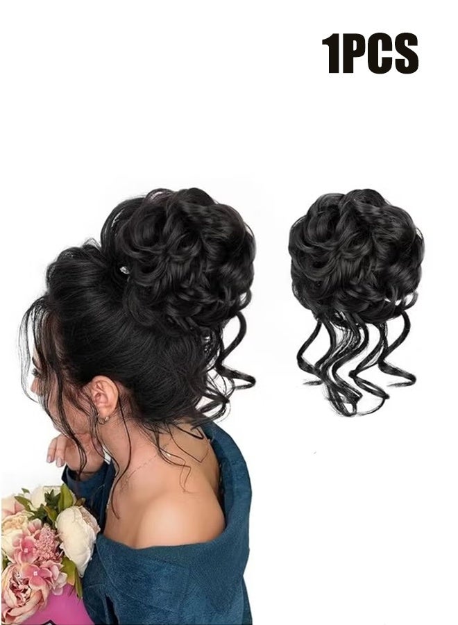 واي جيه قطعة شعر كعكة فوضوية، تسريحة مرفوعة غير منظمة مع خصلات، امتدادات كعكة الشعر، لفائف الشعر المموج والمجعد، ذيل الحصان، قطع شعر، وربطات شعر للنساء - أسود - Image 1