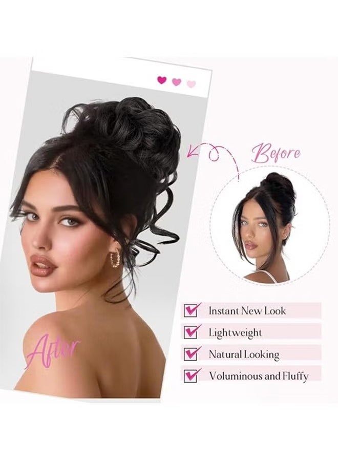 واي جيه قطعة شعر كعكة فوضوية، تسريحة مرفوعة غير منظمة مع خصلات، امتدادات كعكة الشعر، لفائف الشعر المموج والمجعد، ذيل الحصان، قطع شعر، وربطات شعر للنساء - أسود - Image 4