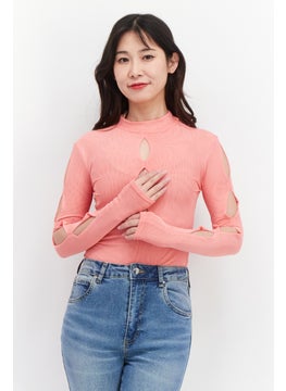 Women Textured Long Sleeve Bodysuit, Pink