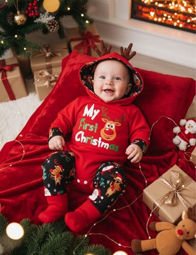 Fommy Baby Boy Christmas Outfit 36 Months My First Christmas Baby Boy Outfit Antlers Hoodie Santa Elk Christmas Tree Pattern Pants 2pcs Infant Baby Christmas Gifts - Image 3