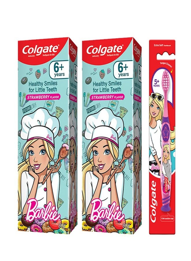 Colgate Anticavity Kids Barbie Toothpaste (6+ Years), Strawberry Flavour €" 80G (Pack Of 2) With Colgate Barbie Toothbrush 1 Pc - Image 1