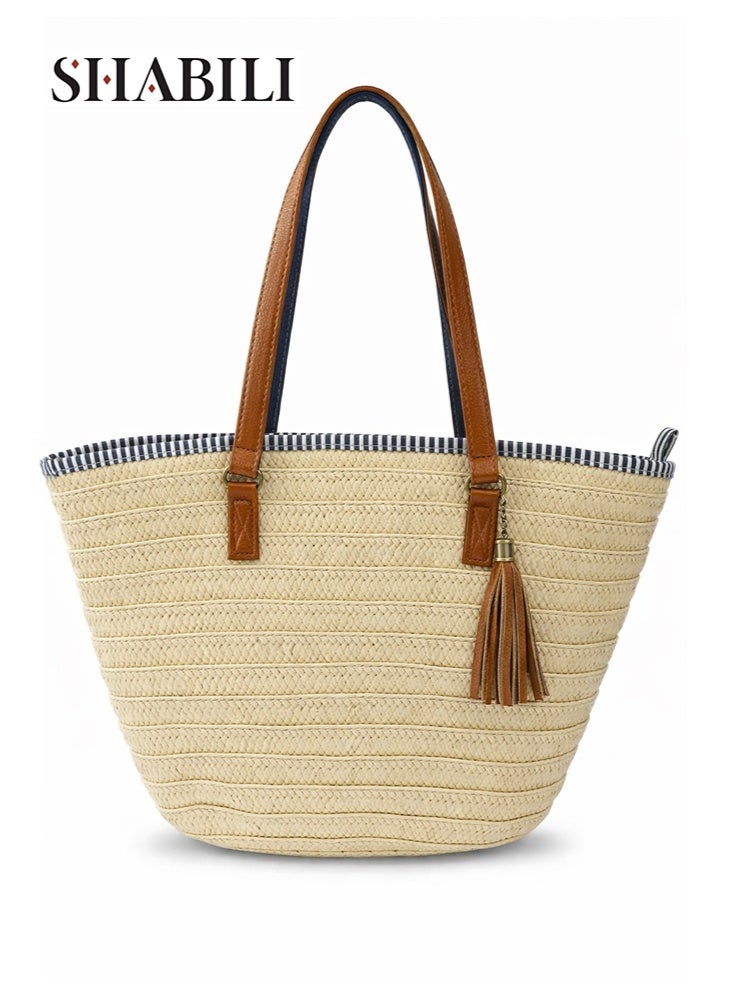 SHABILI Ladies Beach Tote Bag, Woven Straw Shoulder Bag with PU Leather Handles, Large Capacity Storage Bag with Tassel for Shopping, Travel, and Vacations - Image 1