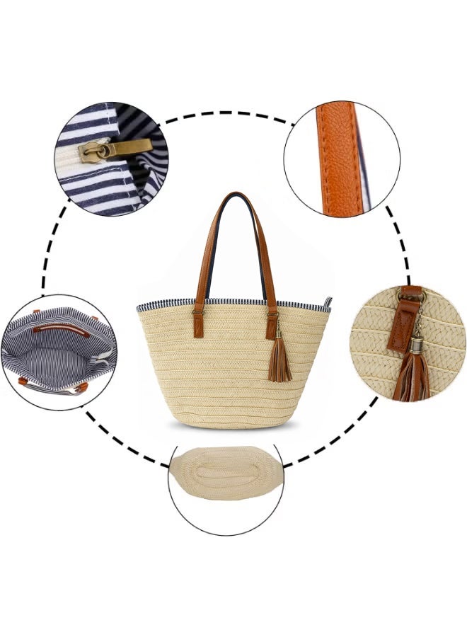 SHABILI Ladies Beach Tote Bag, Woven Straw Shoulder Bag with PU Leather Handles, Large Capacity Storage Bag with Tassel for Shopping, Travel, and Vacations - Image 4