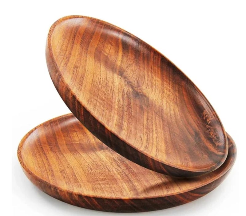 Woodiva Sheesham Wooden Round Serving Tray/Platter Handcrafted Wooden Snack Plates for Dry Fruits, Sweets, Home & Kitchen Décor (10 Inch – Set of 2) - Image 1
