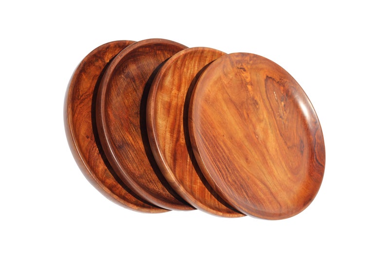 Woodiva Sheesham Wooden Round Serving Tray/Platter Handcrafted Wooden Snack Plates for Dry Fruits, Sweets, Home & Kitchen Décor (10 Inch – Set of 2) - Image 5