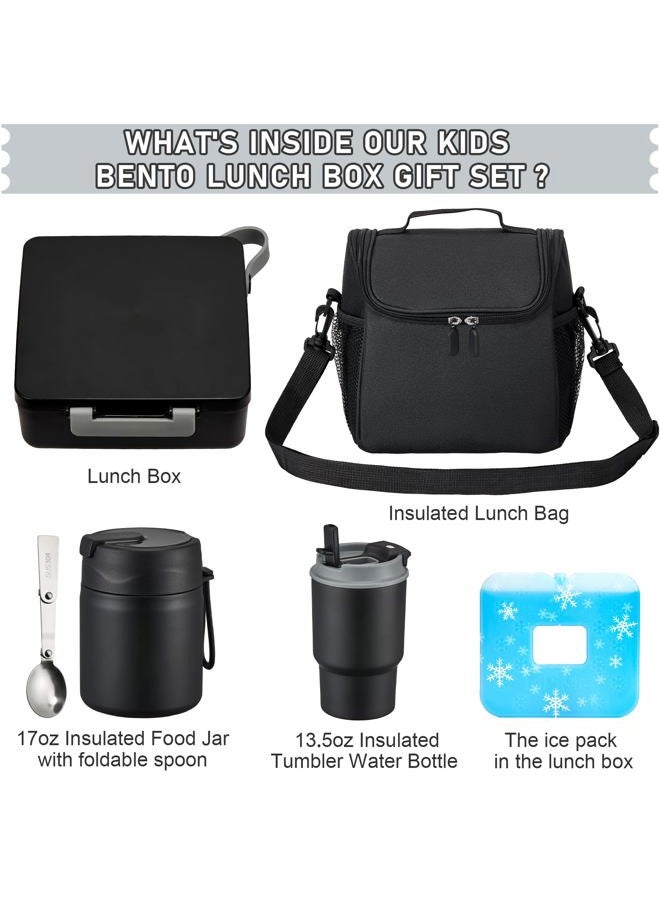 Howeemo Bento Lunch Box for Kids with 17oz Soup Thermo,Insulated Tumbler Water Bottle and Insulated Lunch Bag,Leak-Proof 3 Compartment Lunch Food Container with with Ice Pack for Kids to School-Black - Image 2