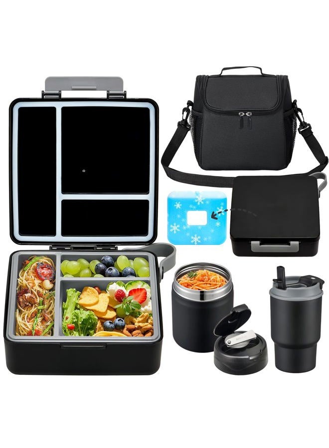 Howeemo Bento Lunch Box for Kids with 17oz Soup Thermo,Insulated Tumbler Water Bottle and Insulated Lunch Bag,Leak-Proof 3 Compartment Lunch Food Container with with Ice Pack for Kids to School-Black - Image 1