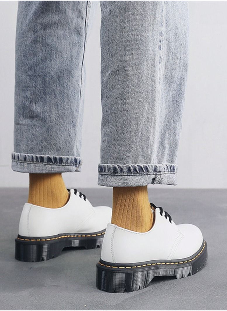 Loquat Women's Low Cut Leather British Style Round Toe Casual Leather Shoes White  - Image 2