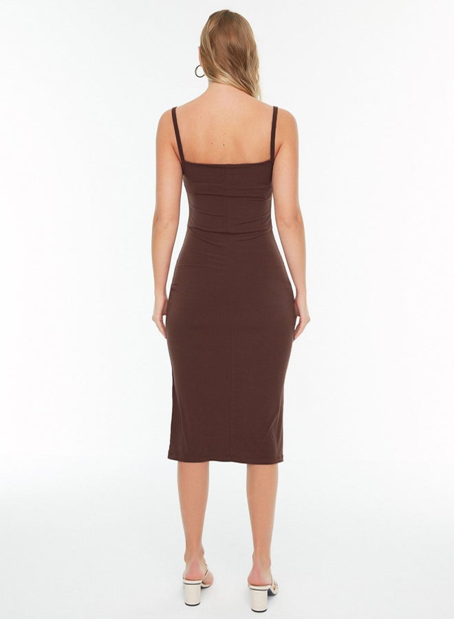 trendyol Brown Fitted Collar Midi Flexible Knitted Pencil Dress  - Image 5