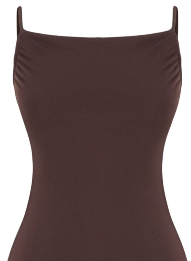 trendyol Brown Fitted Collar Midi Flexible Knitted Pencil Dress - Image 5