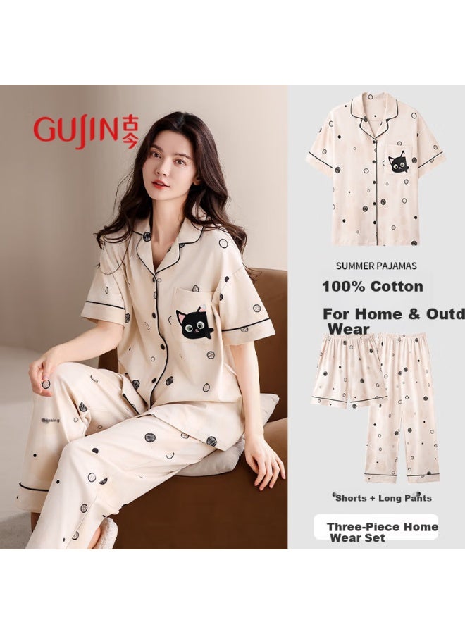 Gujin Spring/summer New 100% Cotton Women's Pajamas Three-piece Set Short Sleeve Long Pants Thin Cardigan All Cotton Can Be Worn Out Home Wear