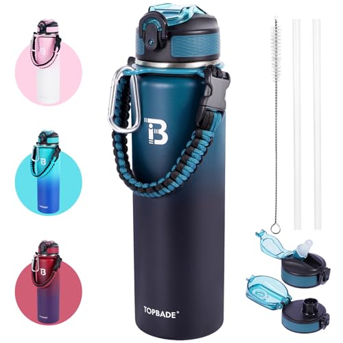 TOPBADE 32oz Water Bottle Stainless Steel with Straw Insulated Water Bottle with Paracord Handle Spout Lids Double Wall SweatProof BPAFree Metal Insulated Flask BLUE BLACK - Image 1