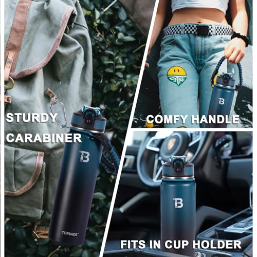 TOPBADE 32oz Water Bottle Stainless Steel with Straw Insulated Water Bottle with Paracord Handle Spout Lids Double Wall SweatProof BPAFree Metal Insulated Flask BLUE BLACK - Image 3