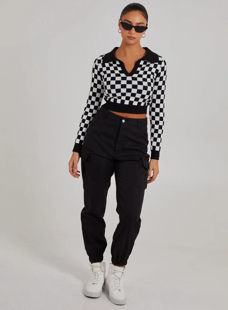Pink Vanilla Notch Collar Checkered Top