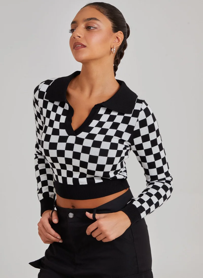 Pink Vanilla Notch Collar Checkered Top