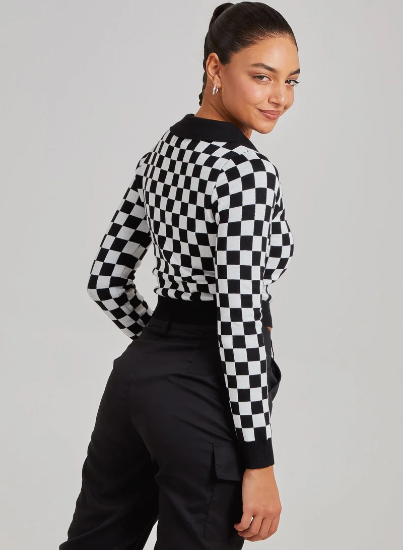 Pink Vanilla Notch Collar Checkered Top