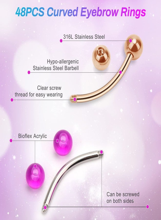 CrazyPiercing 14G Stainless Steel Eyebrow Ring, 48Pcs Curved Barbell Piercing Jewelry Snake Eyes Tongue Rings Nipple Rings Earrings Curved Eyebrow Jewelry for Women Men - Image 3
