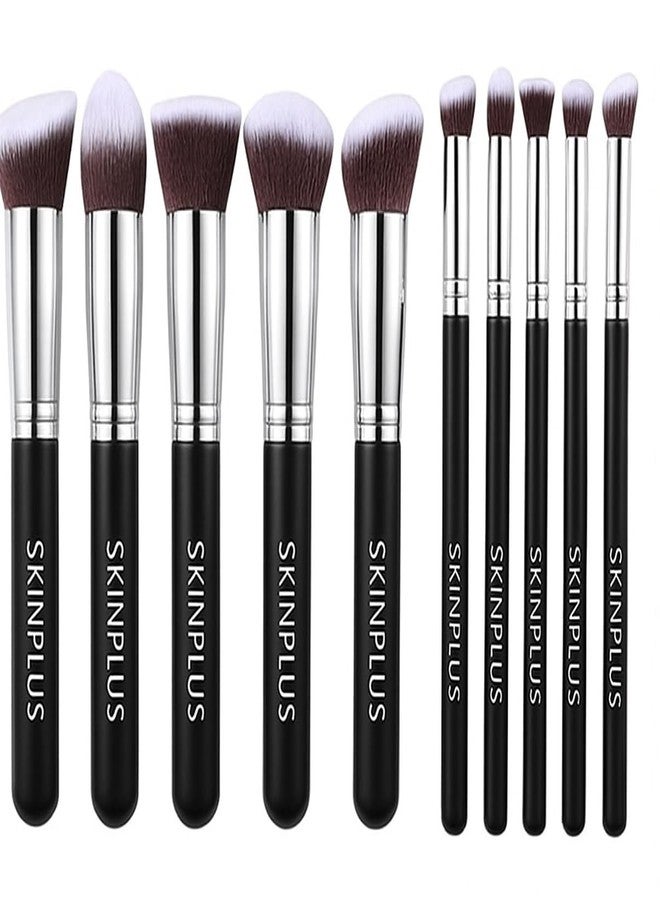 SKINPLUS Premium Kabuki Makeup Brush Set – 10 pcs Professional Synthetic Foundation, Powder, Blush & Eyeshadow Brushes (Black/Silver, 10 Pcs Makeup brush) - Image 1