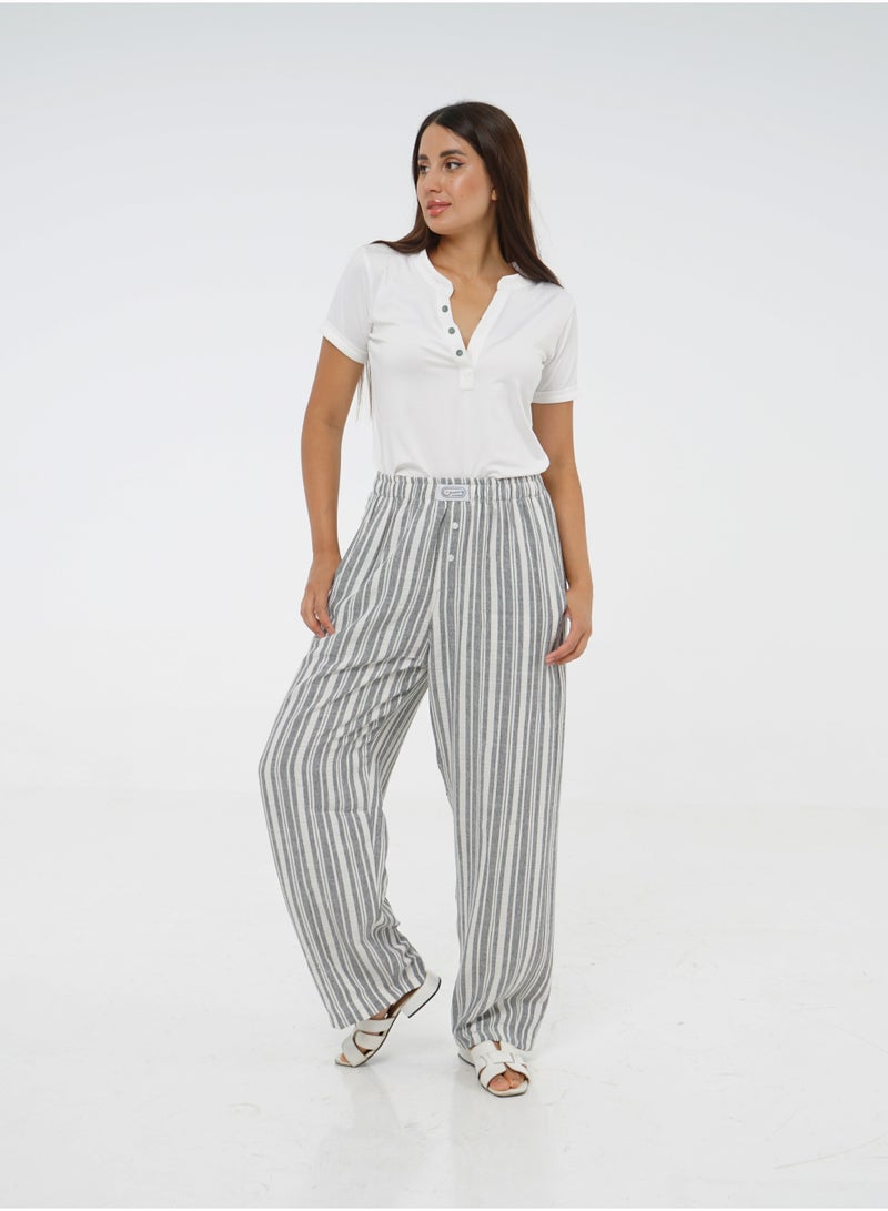 Wasan White Cotton with Gray Stripes Pants PJ Set - Image 3