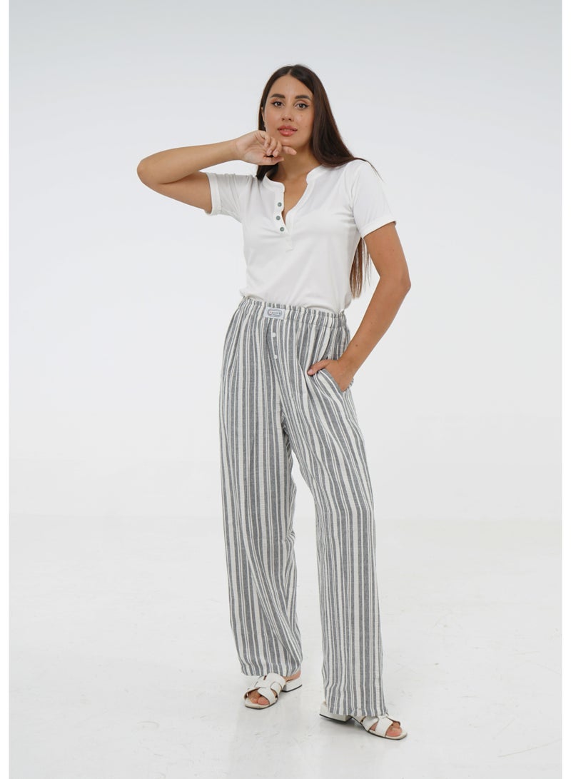 Wasan White Cotton with Gray Stripes Pants PJ Set - Image 2