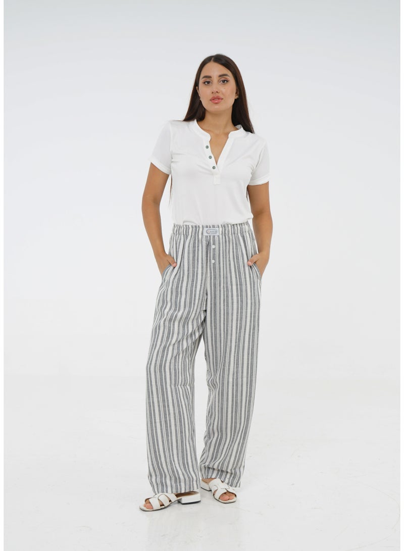 Wasan White Cotton with Gray Stripes Pants PJ Set - Image 1