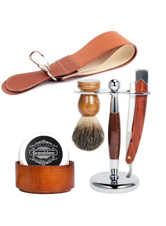 Grandslam Men Straight Shaving Razor Badger Hair Brush Stand Holder Leather Strop Soap Bowl - Image 1